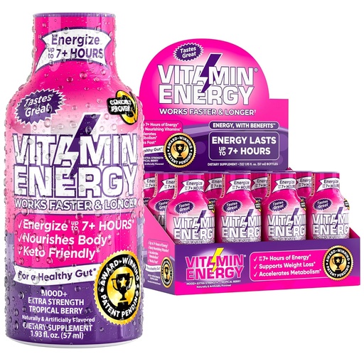 [BRSWGCYFPIPRS3LG] Vitamin Energy Mood+ Energy Shot – Tropical Berry – 100% DV B-Vitamins & 260mg Plant-Based Caffeine – Zero Calories, Sugar-Free, Vegan, Non-GMO – Mood & Energy Support – 1.93 fl oz, 12-Pack
