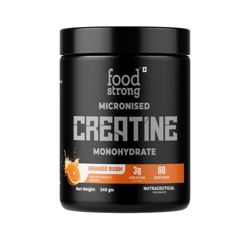 [BRSRGA3QDEDWCYLK] Foodstrong Micronized Creatine Monohydrate Powder (60 Servings) | 3g Creatine Supplement for Muscle Strength, Power, Stamina & Athletic Performance | Pre/Post Workout Gym Supplement for Men & Women | Orange Rush, 240g