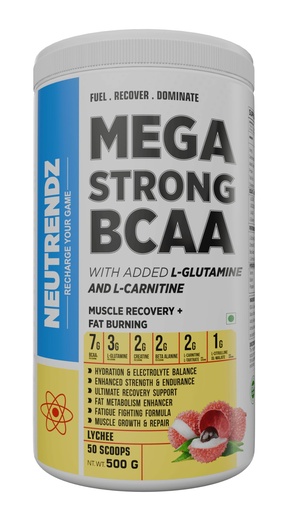 [BRSRGEL7CR6GAEQU] Mega Strong BCAA + Glutamine 7g | BCAAs, 3g Glutamine, Creatine, Beta-Alanine & L-Carnitine | Muscle Recovery, Endurance & Hydration Support | Intra/Post Workout Supplement (500g, Lychee)