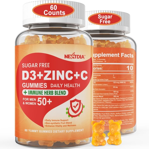 [BRSROAYKOUNBQCTP] Sugar Free Vitamin C + D3 + Zinc Gummies for Adults 50 +, 9 in 1 Immune Defense Supplement with D3 5000IU, Elderberry, Echinacea, Mullein Leaf for Boost Immunity, Power Antioxidant, Vegan (Pack of 1)