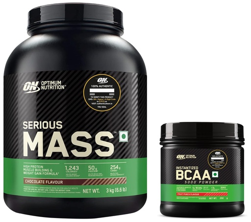 [BRSROAA7CECA2YLG] OPTIMUM NUTRITION (ON) Serious Mass High Protein High Calorie Weight Gainer Powder - 3 kg (Chocolate) & Optimum Nutrition BCAA, 5g BCAAs in 2:1:1 Ratio, 30 servings (250gm, Fruit Punch)