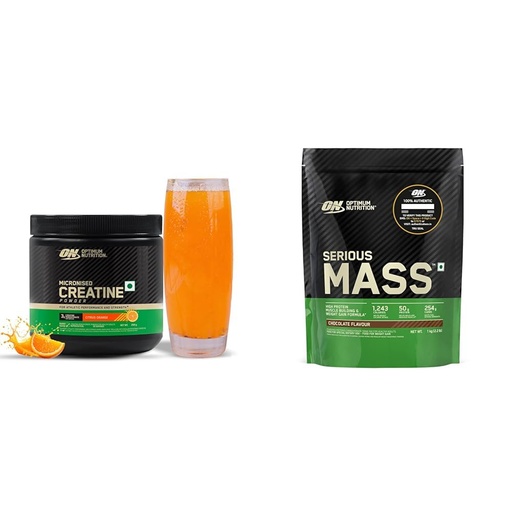 [BRSRYYACO5YW2CL6] Optimum Nutrition (ON) Micronized Creatine Powder - 250 Gram, 65 Serves, Citrus Orange, 3g of 100% | Optimum Nutrition (ON) Serious Mass High Protein High Calorie Weight Gainer Powder - 1 kg (Chocola
