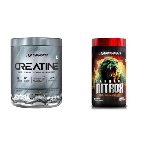 [BRSRYYACOEPBOET3] Bigmuscles Nutrition Creatine [257g, 83 Servings] | Unflavoured | Micronized Creatine Monohydrate | Bigmuscles Nutrition Karnage Nitrox (90 Capsules)