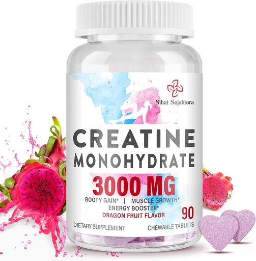 [BRSRAZAOO57ROELK] 3000 MG Creatine Monohydrate for Women & Men, Creatine Pills with BCAA & Hydrolyzed Collagen Creatine Chews Tablets for Performance & Recovery, Strength, Dragon Fruit Flavor, 90 Tablets