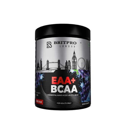 [BRSRGBIYB4PRM233] London EAA + BCAA Powder | 2:1:1 Amino Ratio | 9 Essential Amino Acids | 1500mg L-Leucine | Pre/Intra/Post Workout Recovery Drink | Sour Grape Flavor | 400g