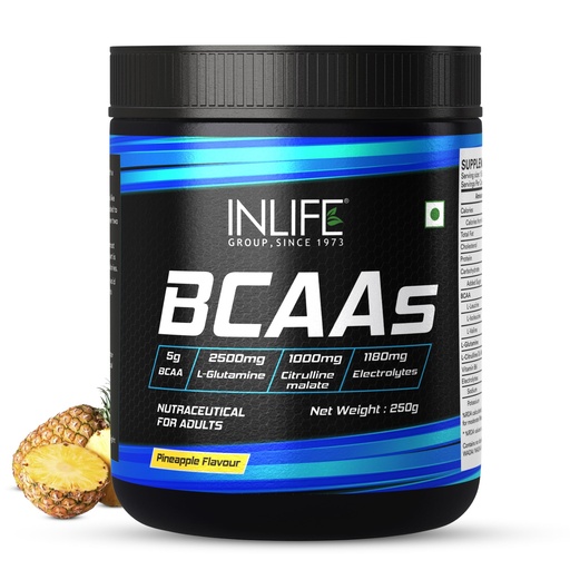 [BRSW2YAEAR7W23LD] INLIFE BCAA Powder Supplement with Glutamine, Citrulline DL Malate, Vitamin B6 & Electrolytes | Amino Acids for Pre Post Intra Workout Drinks | Men & Women (Pineapple, 250g)