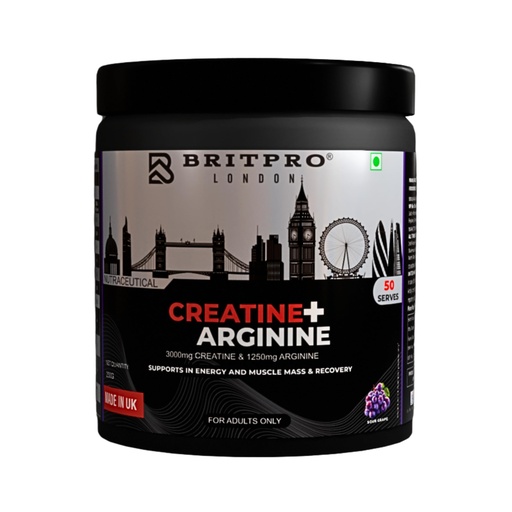 [BRSRGBIYBAIG22A2] London Creatine + Arginine Powder | 3000mg Creatine Monohydrate & 1250mg Arginine | Pre Workout Muscle Strength, Energy & Recovery | 50 Servings | Sour Grape Flavor | 250g