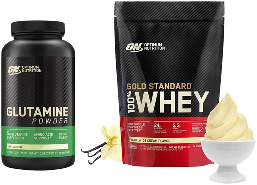 [BRSRMED4CQDQAAI6] OPTIMUM NUTRITION (ON) Gold Standard 100% Whey Protein Powder 1 Lbs, 454 G (Vanilla Ice Cream) & L-Glutamine Powder, 250 Gram, 1 Scoop