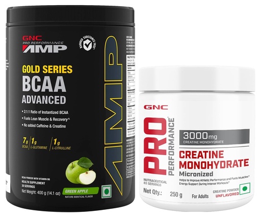 [BRSROFQNBMIWOCLA] GNC AMP Gold Series BCAA Advanced Powder| Green Apple | 400 Grams & Creatine Monohydrate, (Unflavoured, 250 Grams Powder)