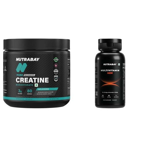 [BRSRYGQNBMCWYGQ2] Nutrabay Pure Series Micronised Creatine Powder Monohydrate, Pre/Post Workout Bodybuilding, Crossfit Supplement, 250 g (Unflavoured) and Pro Active Multivitamin for Men - 60 Veg Capsules
