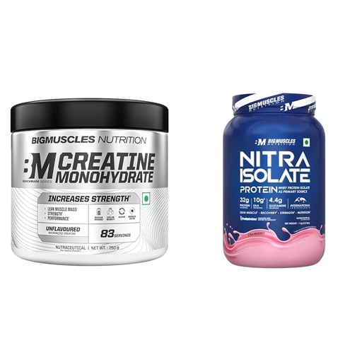 [BRSRYYADCV5BG2DJ] Bigmuscles Nutrition Creatine Monohydrate [83 Servings, Unflavoured] | Micronised Creatine Powder | Bigmuscles Nutrition Nitra Isolate [1kg, Strawberry] | 32g Protein | 10g EAA | Whey Protein with P