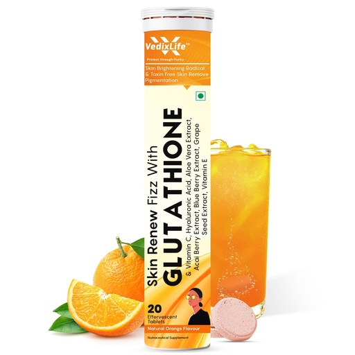 [BRSREAD5OAHBEGYV] Glutathione Reduced Effervescent Tablets for Glowing Skin | 20 Tablets with 600mg L-Glutathione & Vitamin C | Antioxidant, Skin Glow Supplement for Clear Skin | Orange Flavour (Pack Of 1)