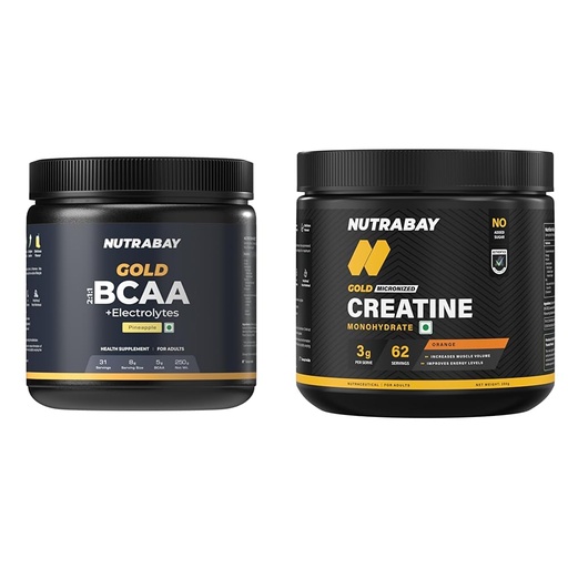 [BRSRYYACO4JWAD3G] Nutrabay Gold BCAA 2:1:1 with Electrolytes 5000 mg Vegan BCAAs per Serving – Pre/Post Workout Drin | Nutrabay Gold Micronised Creatine Monohydrate Powder 3000 mg Creatine per Serving, NABL Lab Tested