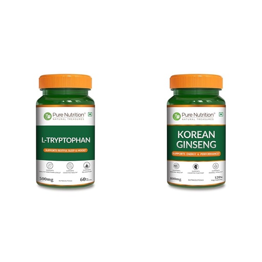 [BRSRYYACO4GW2E3U] Pure Nutrition L-Tryptophan 500mg, 60 Veg Capsules | Supports Relaxation, Stress Relief, Sleep Qua | Pure Nutrition Korean Ginseng 800mg - 120 Capsules | Red Panax Ginseng Supplement for Men and Wome