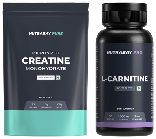 [BRSROCD5OEPRUHTX] Nutrabay Pro L-Carnitine Fat Burner, Pre Workout Supplement, 1000mg - 60 Veg Tablets & Nutrabay Pure Micronised Creatine Monohydrate Powder, (100g, Unflavoured)