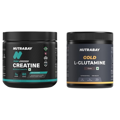 [BRSRYYADDMOQIDLA] Nutrabay Pure Series Micronised Creatine Powder Monohydrate, Pre/Post Workout Bodybuilding, Crossf | Nutrabay Gold L-Glutamine Supplement Powder 180g, Cola Flavor – Post Workout Amino Acid for Muscle