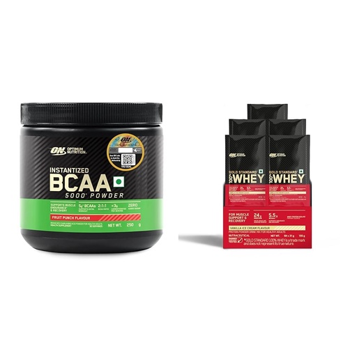 [BRSRYYACO55WE2DK] Optimum Nutrition BCAA, 5g BCAAs in 2:1:1 Ratio, 30 servings, For Muscle Recovery & Endurance, Int | Optimum Nutrition (ON) Gold Standard 100% Whey Protein - 5 X 31 g (Vanilla Ice Cream) Single Serve