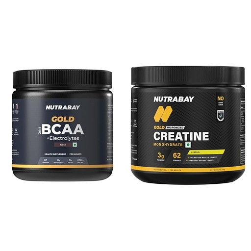[BRSRYYACOEBWM2TA] Nutrabay Gold BCAA 2:1:1 with Electrolytes 5000 mg Vegan BCAAs per Serving – Pre/Post Workout Ener | Nutrabay Gold Micronised Creatine Monohydrate Powder 3000 mg Creatine per Serving, NABL Lab Tested