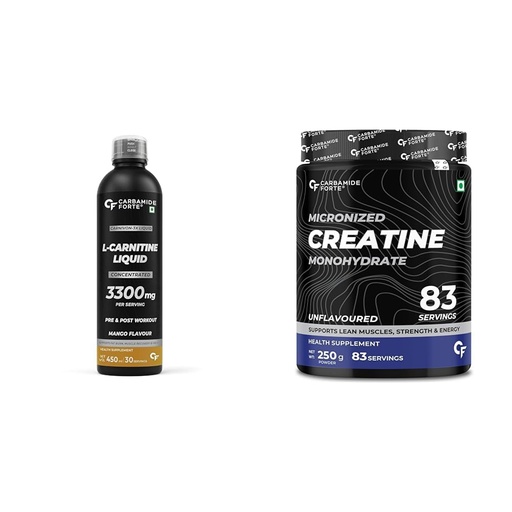 [BRSREHQ6C4GQMFLO] Carbamide Forte L Carnitine Liquid Pre & Post Workout Supplement & Creatine Mono Hydrate Powder For Lean Muscle Volumization | 30 Serving 450ml Liquid + 83 Serving Unflavoured Powder
