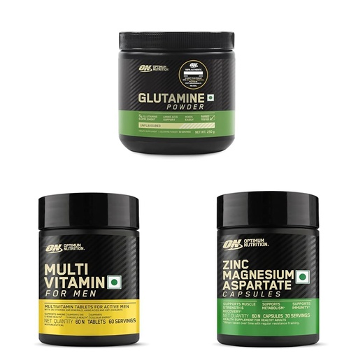 [BRSREYLRA4CWEAIU] Optimum Nutrition Glutamine Powder 250g | 5g/Serve | Muscle Recovery | ON Multivitamin for Men 60 Tabs with 26 Nutrients | ON ZMA 60 Caps for Muscle Strength, Metabolism & Immunity