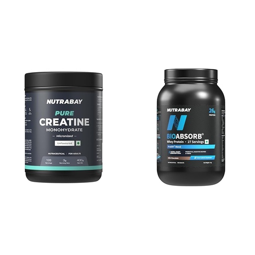 [BRSREAQ6DMMWCYLL] Nutrabay Pure Micronised Creatine Monohydrate Powder – 400g, Unflavoured With BioAbsorb™ Whey Protein Powder - 1kg, Milk Chocolate | India's First Protein with ProDiFi™ Blend