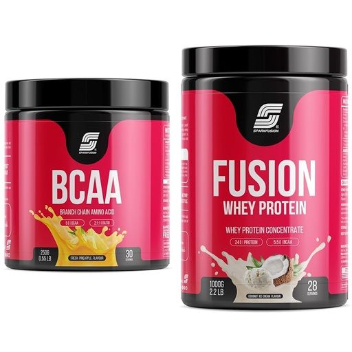 [BRSRYYADCQPRUEYZ] Sparkfusion BCAA Pure-Amino -250 gm (30 Servings) With Complete Ratio of 2:1:1 for Recovery & Perf | Sparkfusion Fusion Whey Protein Concentrate Powder | 24g Protein,5.5g BCAA per Serving | For Muscl