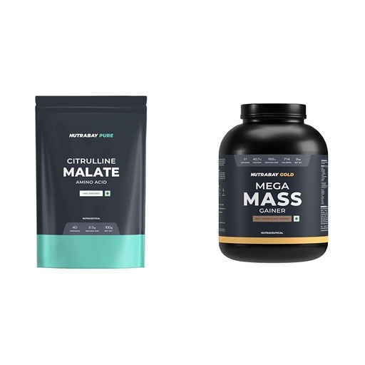 [BRSRYYADDN7AKH3U] Nutrabay Pure 100% Citrulline Malate Powder 2500mg per Serving - Boosts Nitric Oxide, Pre Workout | Nutrabay Gold Mega Mass Gainer Powder - 2kg, Rich Chocolate Creme | 100% Veg | 40.7g Protein, 122g