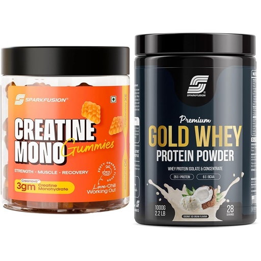 [BRSRYYACOEMBACQU] Sparkfusion Creatine Mono Gummies Lab-Tested Creanova® | 30 Gummies | 3g Creatine Monohydrate per | Sparkfusion Premium Gold Whey Protein Isolate | 26g Protein,6g BCAA per Serving | Easy Mixing, Low