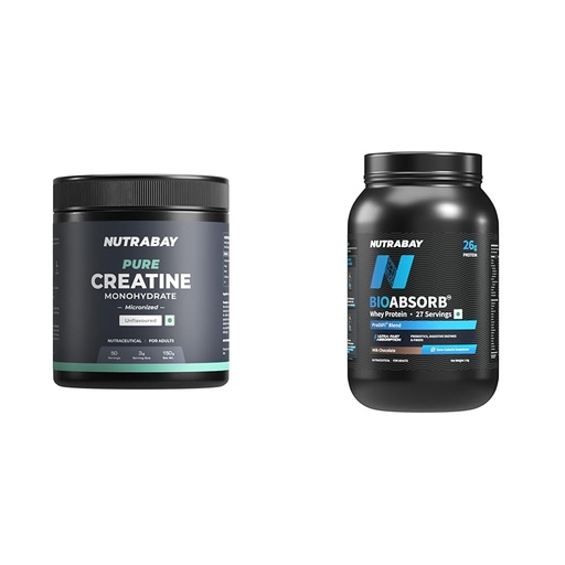 [BRSREAQ6DIGWOA35] Nutrabay Pure Micronised Creatine Monohydrate Powder – 150g, Unflavoured With BioAbsorb™ Whey Protein Powder - 1kg, Milk Chocolate | India's First Protein with ProDiFi™ Blend