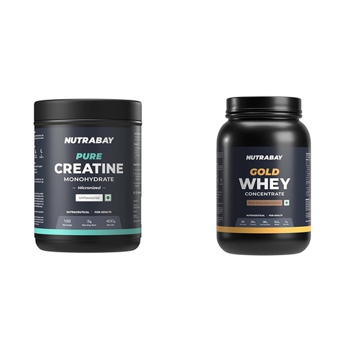 [BRSREAQ6DMBR63LZ] Nutrabay Pure Micronised Creatine Monohydrate Powder – 400g, Unflavoured With Gold Whey Protein Concentrate with Digestive Enzymes – 1kg, Rich Chocolate Crème