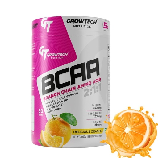 [BRSRAGL7CJ7QE3L7] Growtech Nutrition BCAA 300g 2:1:1, 30 Servings with L-Citruiline, L-Arginine, L-Glutamine for Muscle Recovery & Hydration (Delicious Orange)