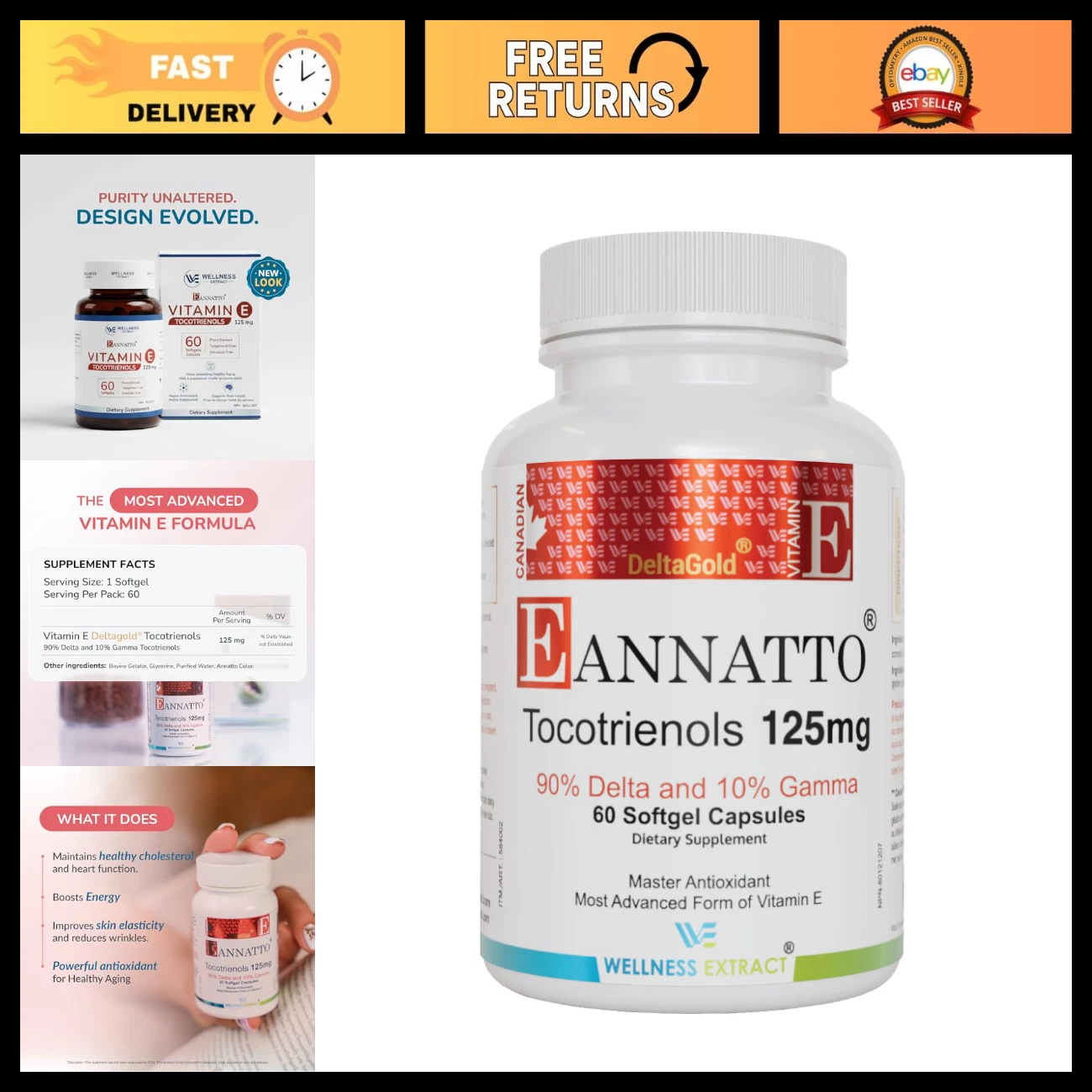 [2ADD4F72] Non-GMO Antioxidant Tocotrienols Vitamin E Supplements - Gluten Free, 125MG, 60