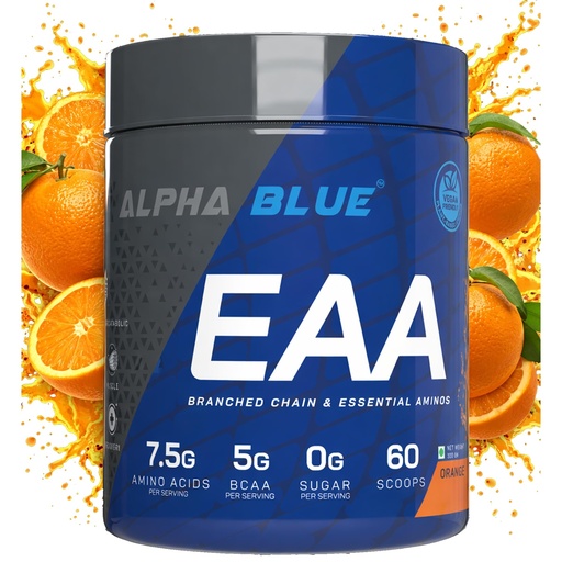 [BRSRA234CUAWGDQZ] ALPHABLUE BCAA EAA Amino Acids Supplement - 7.5g Amino Acids per Serving, 5g BCAAs, Intra-Workout & Post-Workout Recovery, Muscle Repair & Protein Synthesis Support | Orange | 300 GMS | Citrusy