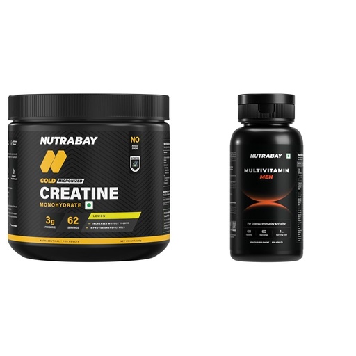 [BRSRYGQNCAPR6AAZ] Nutrabay Gold Micronised Creatine Monohydrate Powder - 250g, Lemon and Pro Active Multivitamin for Men - 60 Veg Capsules