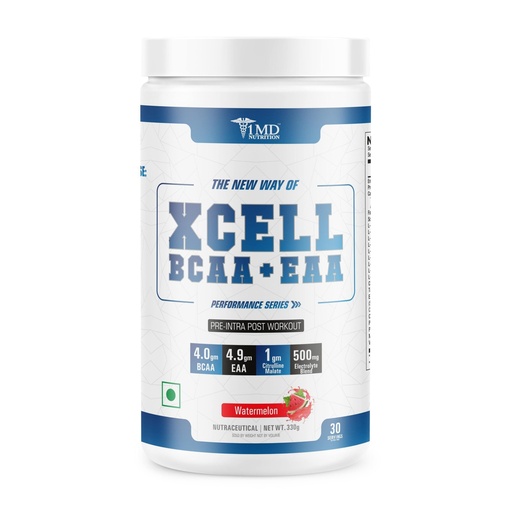 [BRSRAYA3CR7RQ2Q4] 1MD Nutrition | X-CELL BCAAs with EAAs | 4g BCAA, 4.9g EAA, 1g Citrulline, 1g Taurine | 330 gm, 30 Servings (Watermelon)
