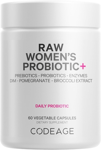 [BRSROCYEOUGRODIV] Codeage Raw Qadınlar Probiyotik + Ekspert - 34 Probiyotik Strains, 100 milyard CFUs, Digestive Enzymes, Prebiotik mix, DIM, Herbal özü, Phytonutrients - Qeyri-GMO - 30 Capsules