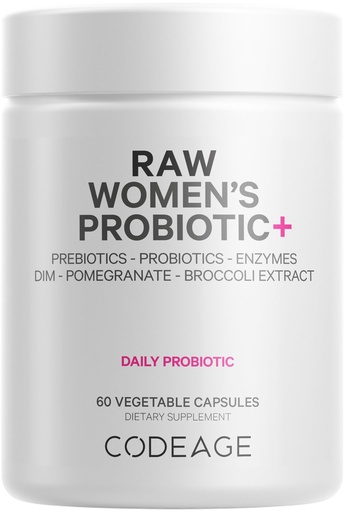 [BRSROCYEOUGRODIV] Codeage Raw Women’s Probiotic+ Supplement - 34 Probiotic Strains, 100 Billion CFUs, Digestive Enzymes, Prebiotic Blend, DIM, Herbal Extracts, Phytonutrients - Non-GMO - 60 Capsules