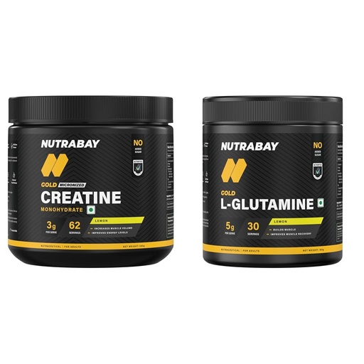 [BRSRYGQNOQFWME3V] Nutrabay Gold Micronised Creatine Monohydrate Powder - 250g, Lemon and Gold L-Glutamine Supplement Powder 180g, Lemon Flavor