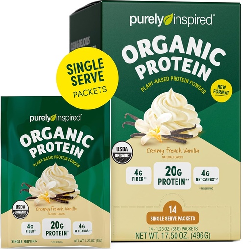 [BRSROAABDEMBQFDF] Purely Inspired Organic Protein Powder, 14 Single Serve Packets, Creamy Vanilla - 20g of Plant-Based Protein Powder for Smoothies & Shakes - Dairy-Free, Non-GMO - for Men & Women