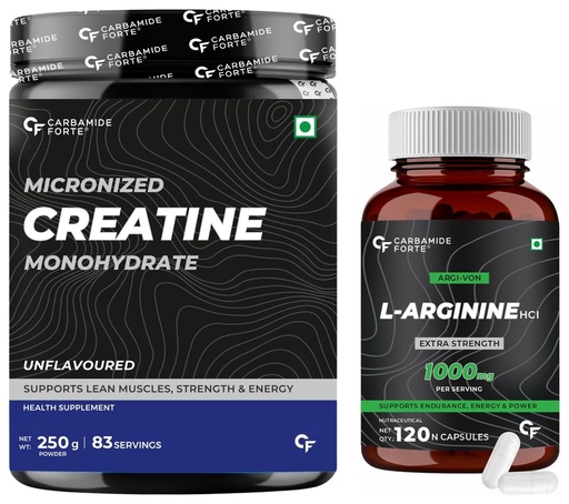 [BRSRAZYRDNYQGGQV] Carbamide Forte L Arginine 1000mg Supplement Per Serving - 120 Veg Capsules & Micronised Creatine Monohydrate Powder - Unflavoured - 83 Servings - 250g