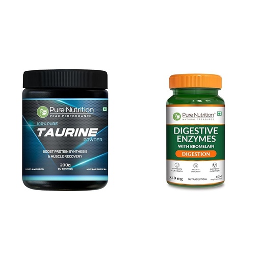 [BRSRYYACOJ5AMCTU] Pure Nutrition L-Taurine Powder 200g | Premium Amino Acid Supplement | Boosts Muscle Recovery & Pe | Pure Nutrition Digestive Enzymes 840mg with Bromelain - 60 Veg Capsules | Supports Digestion, Nutr