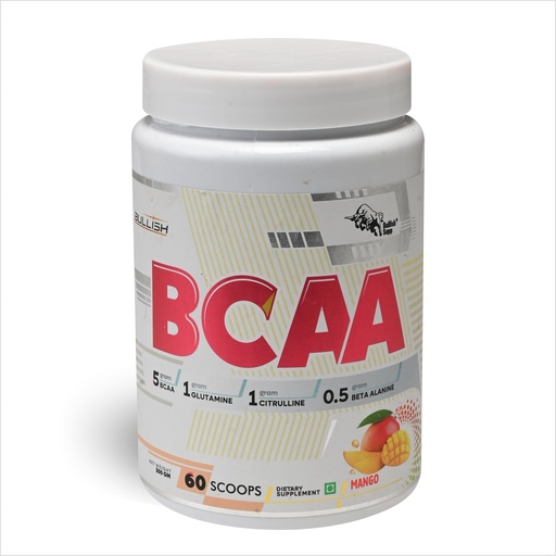 [BRSREYAQC4MGYAY2] Bullish BCAA Powder with Glutamine and Beta Alanine, Mango Flavour, 300g, 60 Scoops