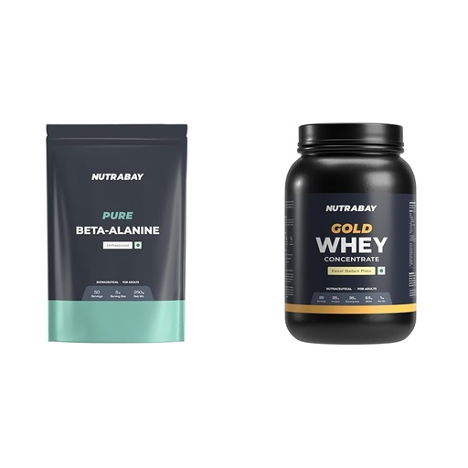 [BRSRYYADDMDRYHI4] Nutrabay Pure 100% Beta Alanine - Unflavoured, 250g | Nutrabay Gold Whey Protein Concentrate with Digestive Enzymes & Vitamin Minerals 25g Protein – Mus