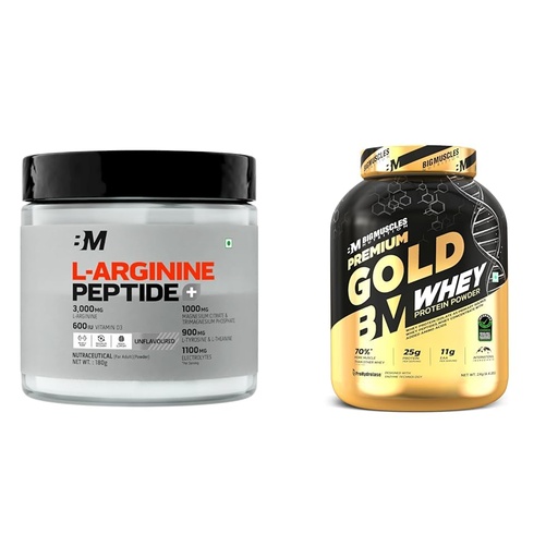 [BRSRYYADCMIBYETG] Bigmuscles Nutrition L-Arginine + Peptides [180g, Unflavoured] | Arginine Powder with Superior Gra | Bigmuscles Nutrition Premium Gold Whey [2Kilogram] | Informed Choice UK Certified | Isolate Whey P