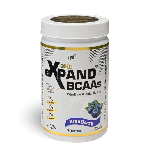 [BRSREGI2PN4GEETU] MFR eXpand Gold BCAAs Blueberry Flavour, 5g BCAAs with Citrulline & Beta Alanine, Sugar-Free Muscle Growth Supplement, 490g, 70 Servings