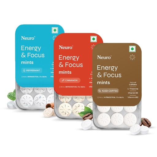 [BRSRGAT7CMIGYF3B] Neuro Energy & Focus Mints - Assorted Pack of 3| Quick Energy Boost & Enhanced Focus | Natural Caffeine + 60 mg L-Theanine + Vitamin B6 & B12 | No Added Sugar | Aspartame Free | 36 Mints