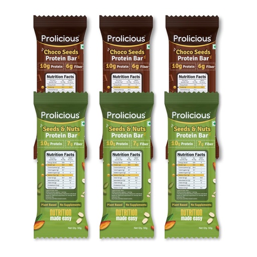 [BRSRAGAPCIPAKFLJ] Prolicious Protein Bars |10g Protein & 5g Fibre Per Pack |Date Sweetened |Vegan Snacks | Choco Seeds+ Seeds & Nuts| 50g (Pack of 6)
