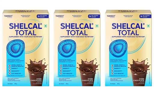 [BRSRGGIOCACROELG] Shelcal Total - Powered by Protein, Multi-Vitamin, Multi-Mineral & Prebiotic supports Bone, Joint & Muscle, Immunity, Gut Health, No Added Sugar (Dark Chocolate) 200g - By Torrent Pharma, Pack of 3