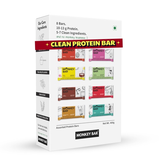[BRSWYCAHBEFRODTG] MONKEY BAR - Assorted Protein Bars - 8 Pack, 50grams each, 10-13g Protein, Healthy & High Protein Snack Bar, No Added Sugar, 5-7 All Natural Ingredients, 8 Delicious Flavours, Clean Energy