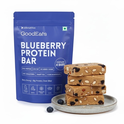 [BRSRGYY2B55BOAI6] GoodEats Blueberry Protein Bar | Protein Blend (Soya Isolate + Whey Concentrate) | 23.1g Protein (Per 65g) | Naturally Occuring Sugars, Maximum Impact | Dates + Nuts | With Prebiotic Fiber | 65g x 4